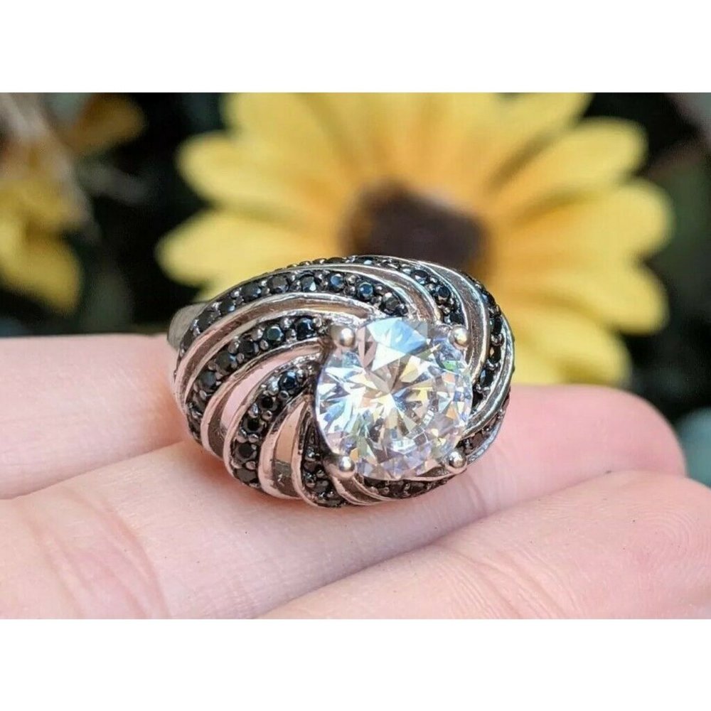 Sterling Silver Signed ADI 925 CZ Black Clear Stone Ring Size 5